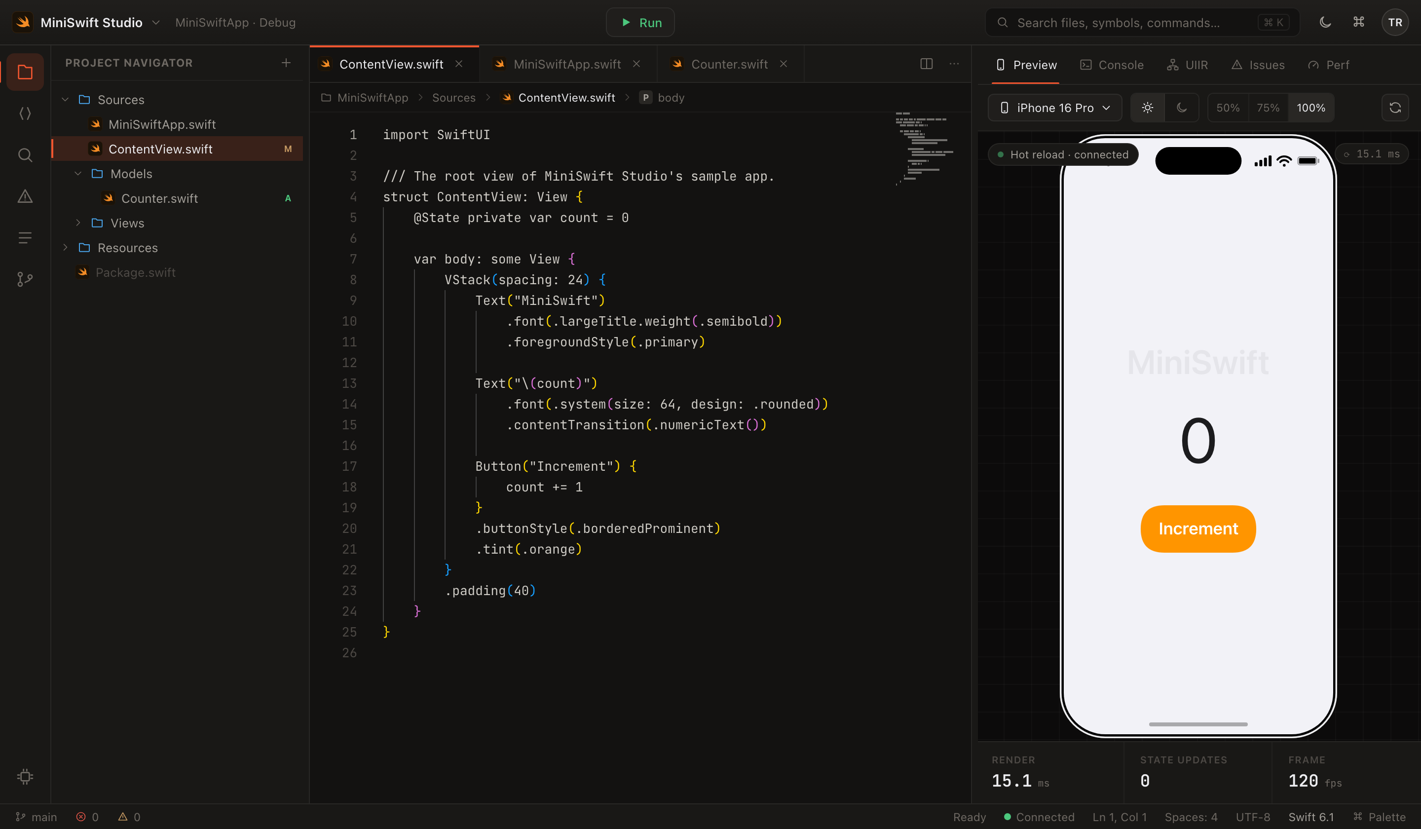 MiniSwift Studio — editor with a live SwiftUI preview